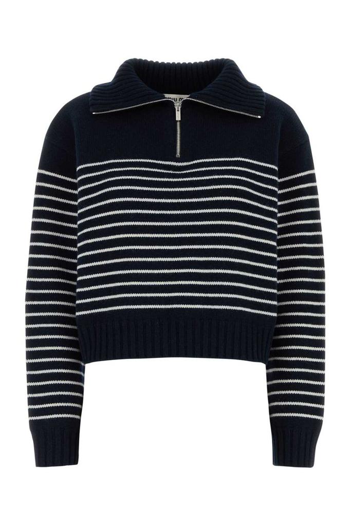 トップス MIUMIU Asymmetry Frilly Knit Long Tops Shop Miu Miu Half-Zipped Striped Knitted Jumper on Sale at