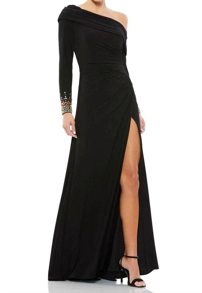 Mac Duggal Beaded Cuff Drop Shoulder Long Sleeve Gown Dress In Black