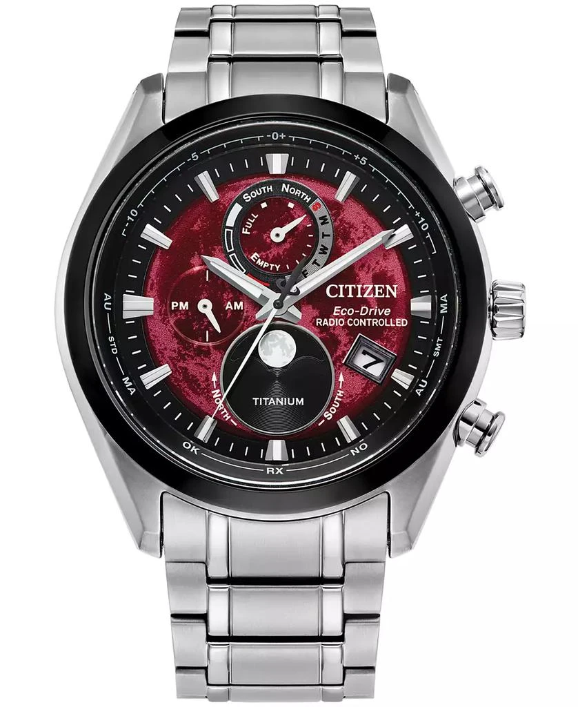 Citizen Men's Tsuki-yomi A-T Chronograph Sport Luxury Eco-Drive Silver-Tone Titanium Bracelet Watch 43mm 1