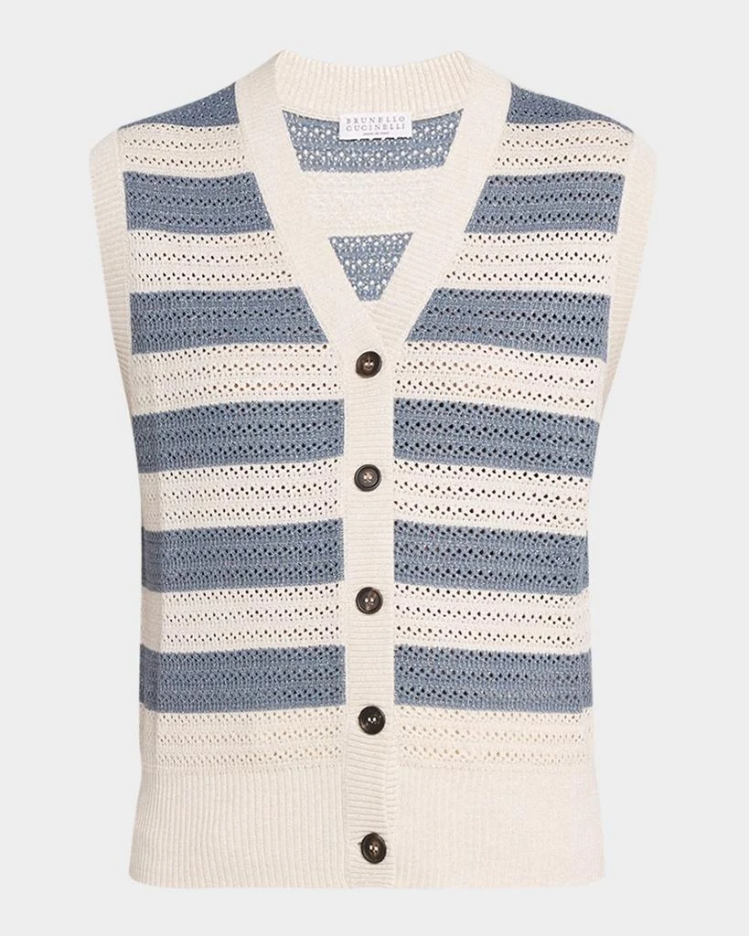 Brunello Cucinelli Sparkling Striped Crochet Knit Vest