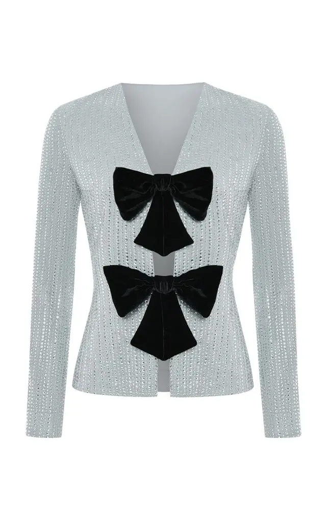 RASARIO Rasario - Chiffon Crystal-Embllished Blazer With Bows - Grey - FR 40 - Moda Operandi from Fashion US