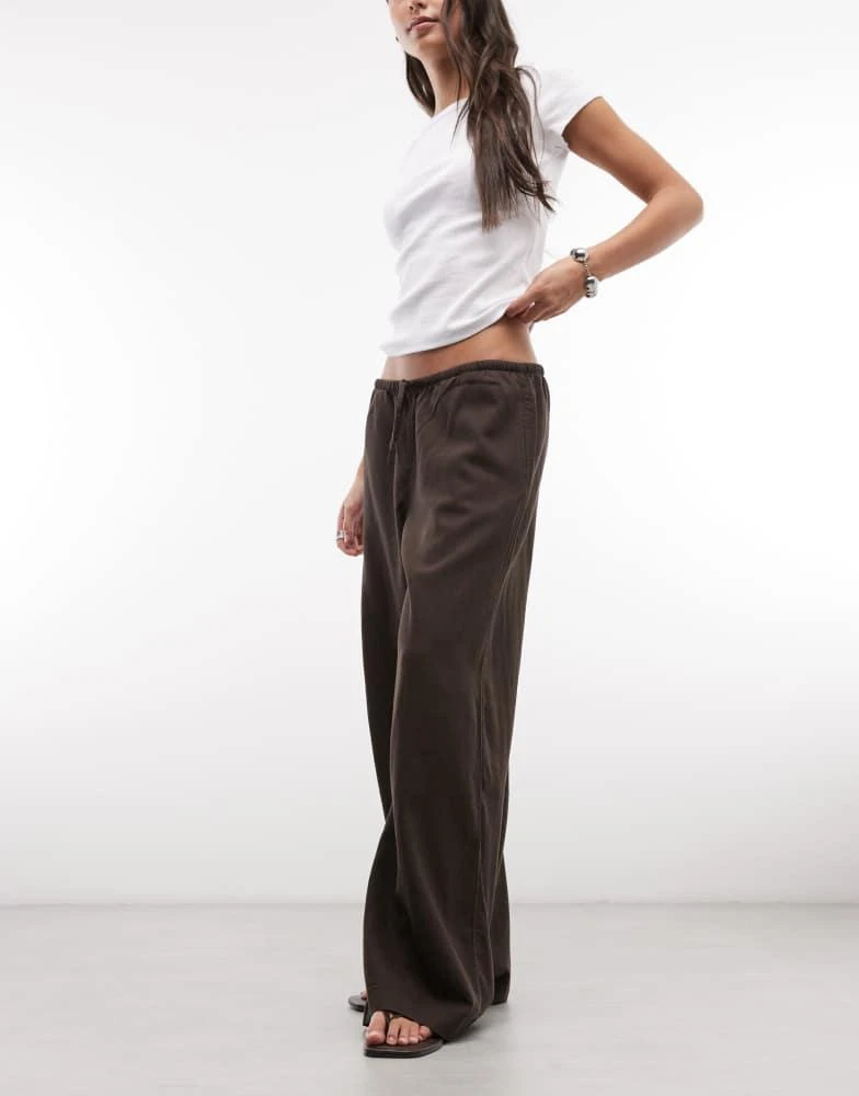 Weekday Weekday pull on linen mix wide leg trousers in chocolate brown 2