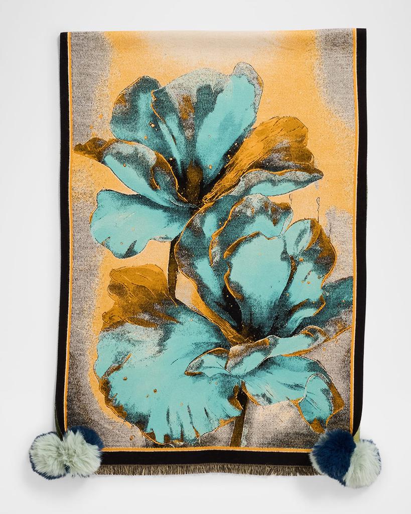 La Fiorentina Floral-Print Scarf W/ Faux Fur Poms