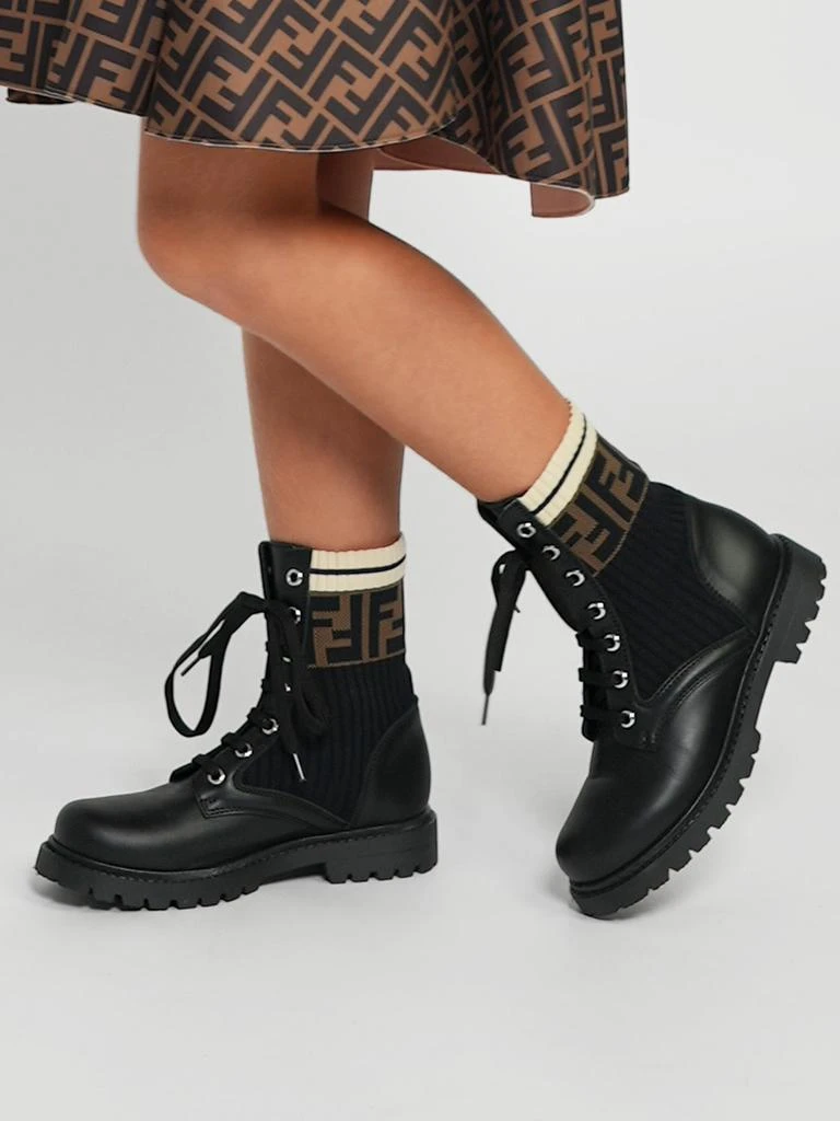 Fendi Fendi Kids Leather FF Logo Biker Boots in Black 1