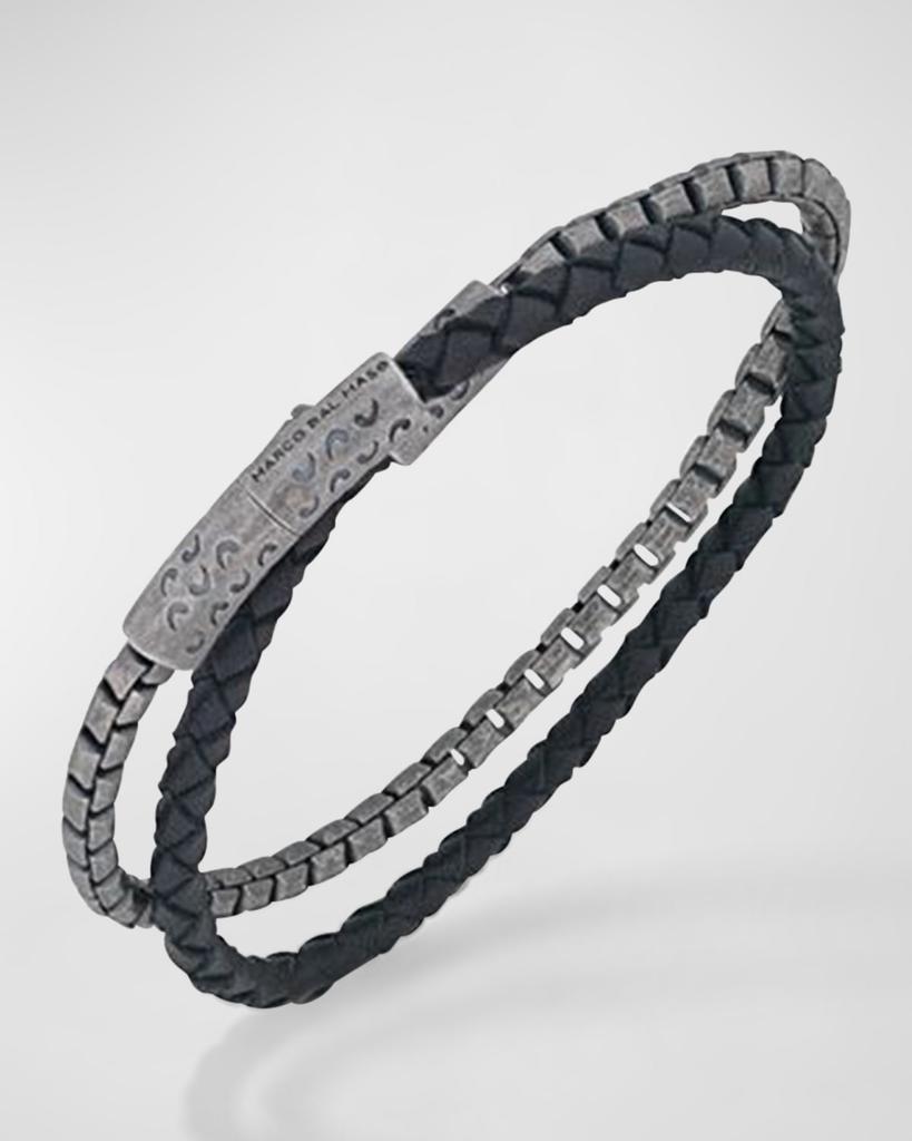 Marco Dal Maso Men's Double Mix Black Woven Leather and Oxidized Silver Chain Bracelet
