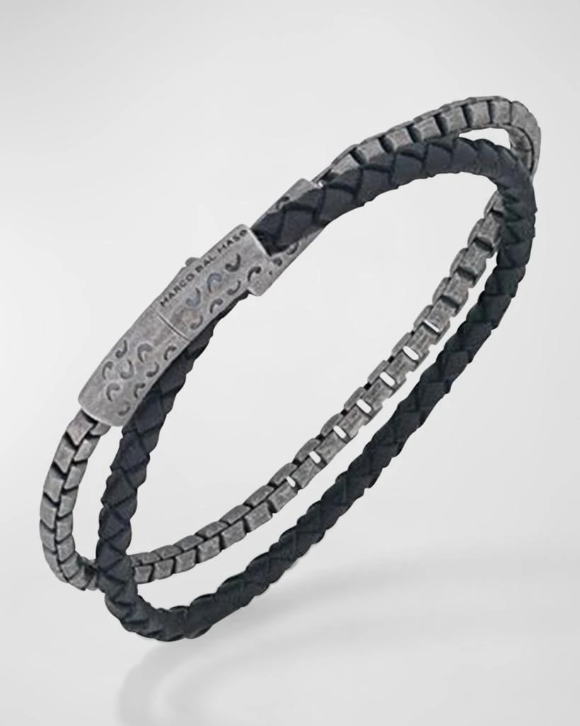 Marco Dal Maso Men's Double Mix Black Woven Leather and Oxidized Silver Chain Bracelet 1