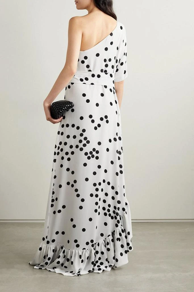Monique Lhuillier One-shoulder belted ruffled polka-dot crepe gown 3