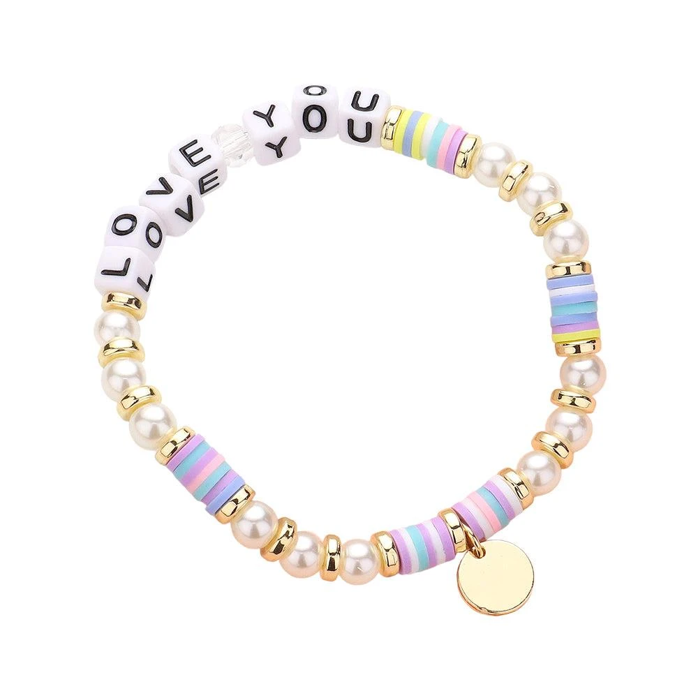 FASHNZFAB LOVE YOU Message Pearl Heishi Beaded Metal Disc Plate Charm Stretch Bracelet 2