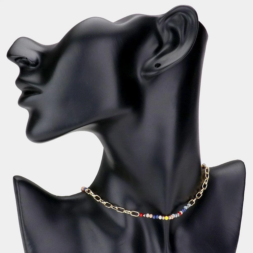 FASHNZFAB Faceted Bead Open Metal Oval Link Necklace