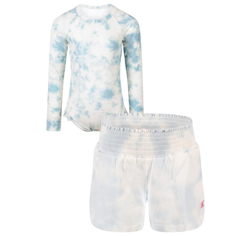 Munster Tie dye long sleeved swimsuit and shorts set in white and blue