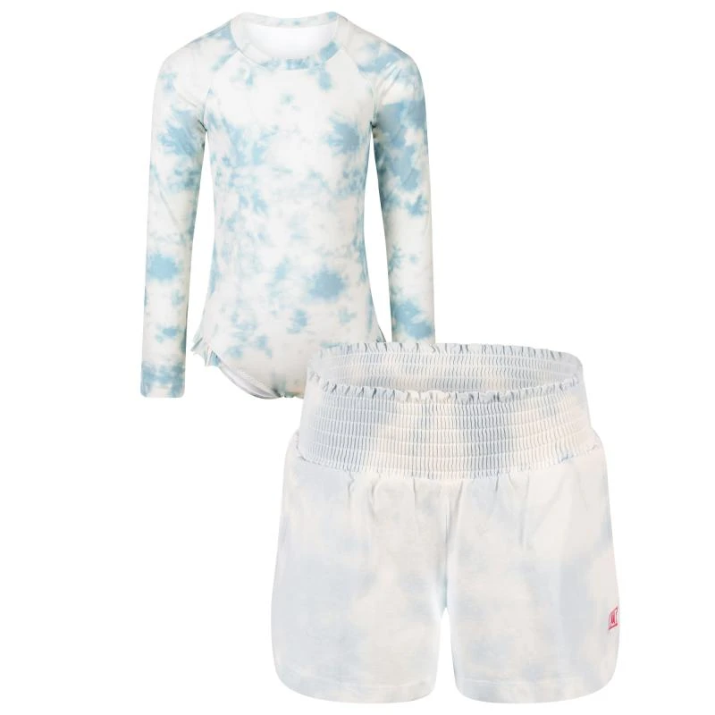 Munster Tie dye long sleeved swimsuit and shorts set in white and blue 1
