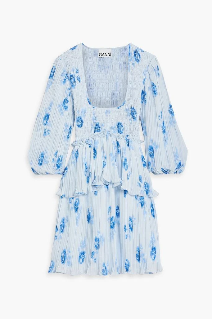 Ganni Shirred floral-print crepe de chine mini dress 1