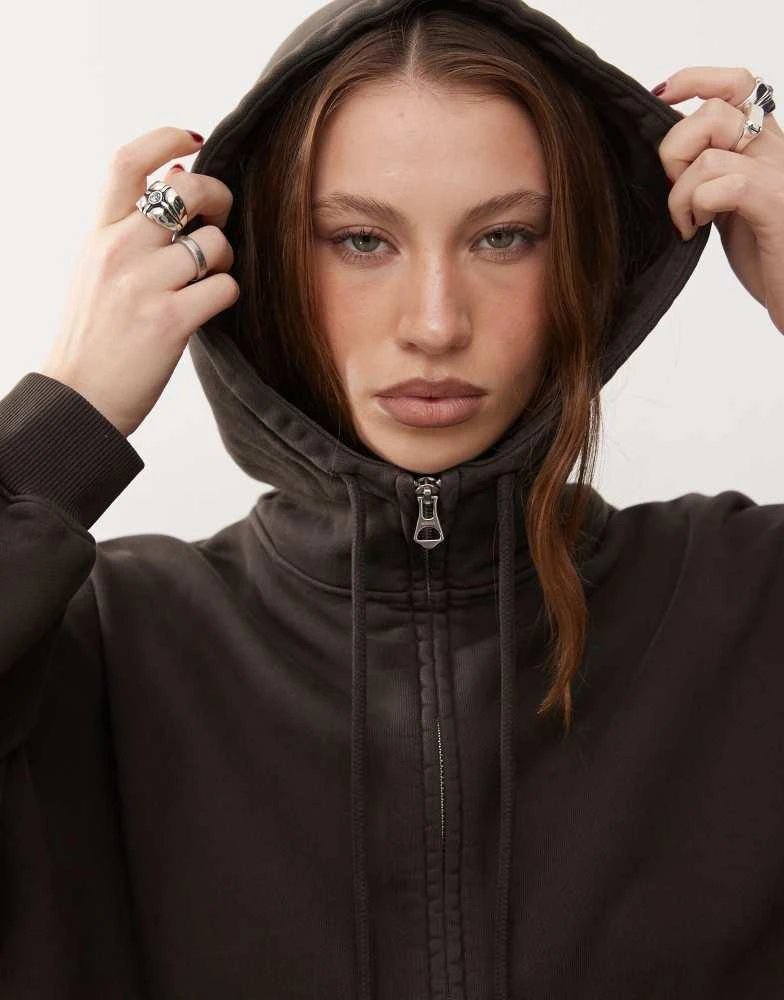 Weekday Weekday Edel heavyweight jersey zip through hoodie with funnel neck in brown 3