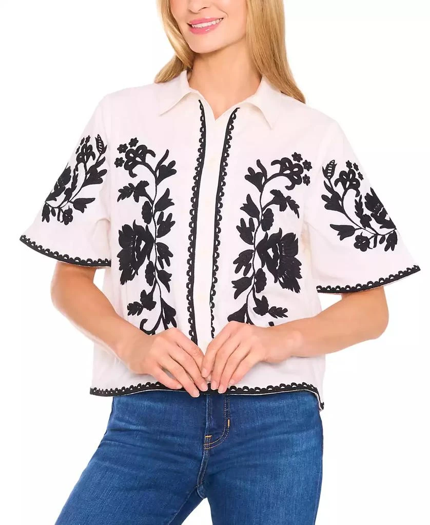 CeCe Women's Embroidered Short-Sleeve Shirt 1