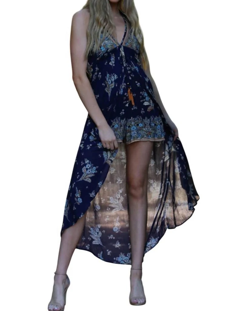 Angie Spaghetti Strap Halter Maxi Romper In Blue 1