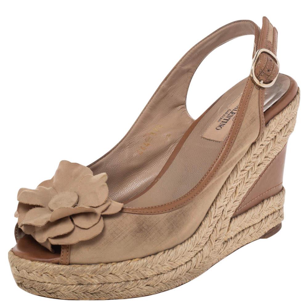 Valentino Valentino Beige Fabric And Leather Flower Platform Espadrille Wedge Slingback Sandals Size 37.5