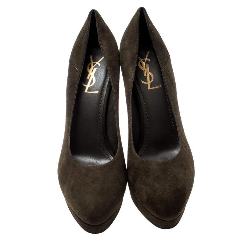 Yves Saint Laurent Saint Laurent Paris Olive Green Suede Platform Pumps 38 3