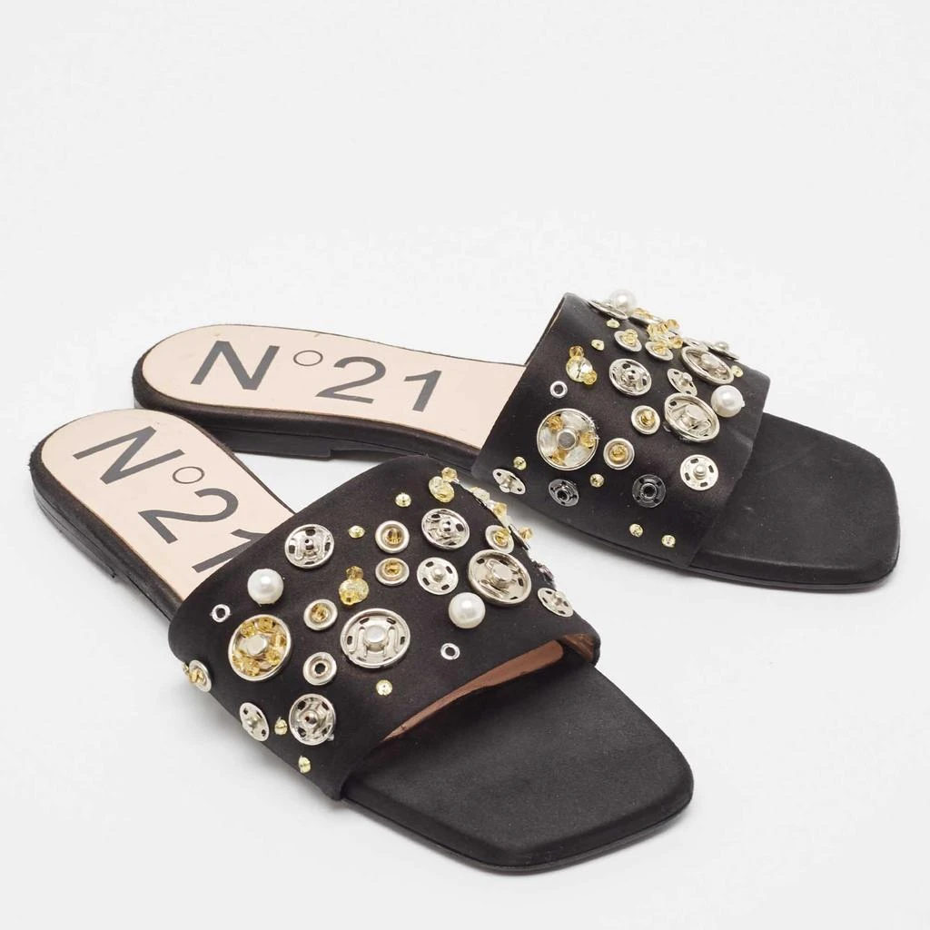 N°21 N21 Black Satin Embellished Flat Slides Size 39 4