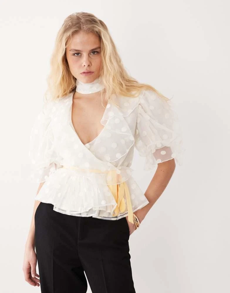 Sister Jane Dream Sister Jane cotton blend polka dot organza puff sleeve wrap top in ivory