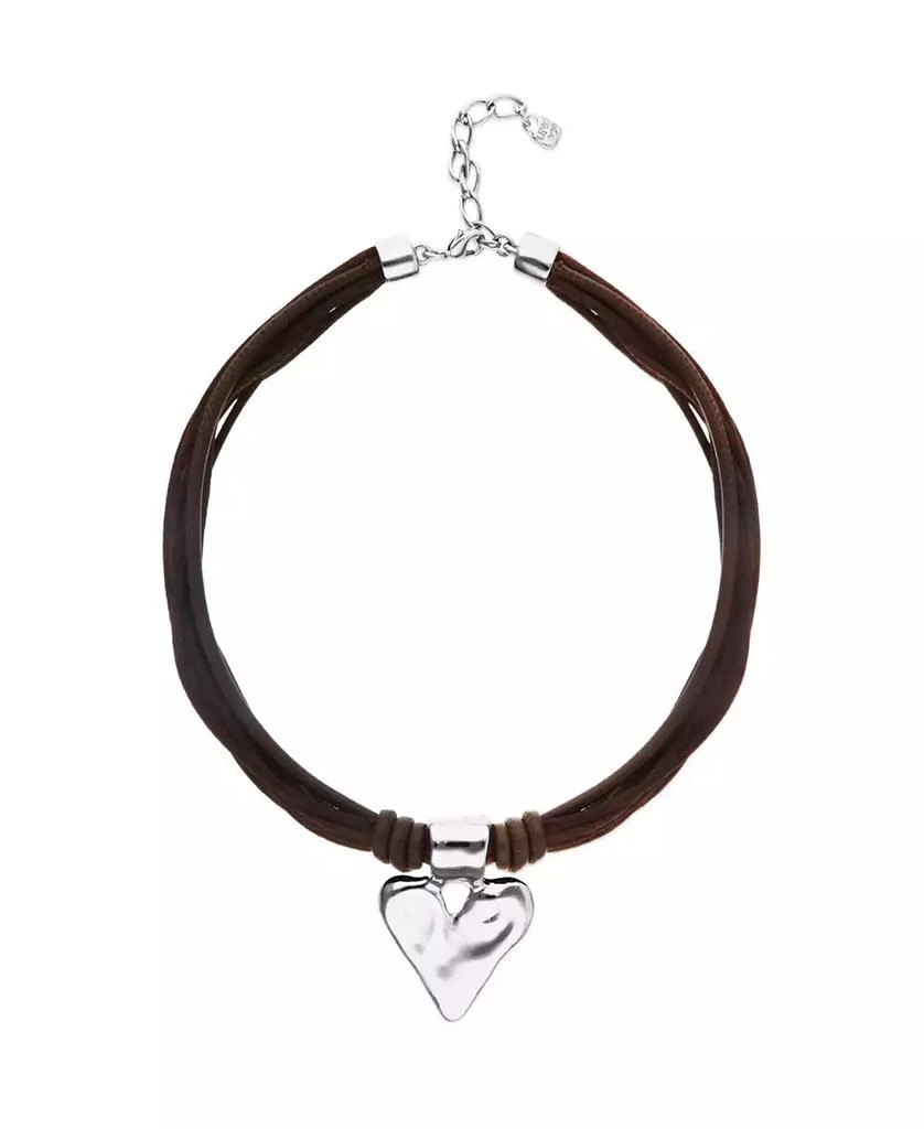 UNOde50 Mixed Dark Brown Silk And Leather Thread Necklace with Sterling Silver Heart Detail