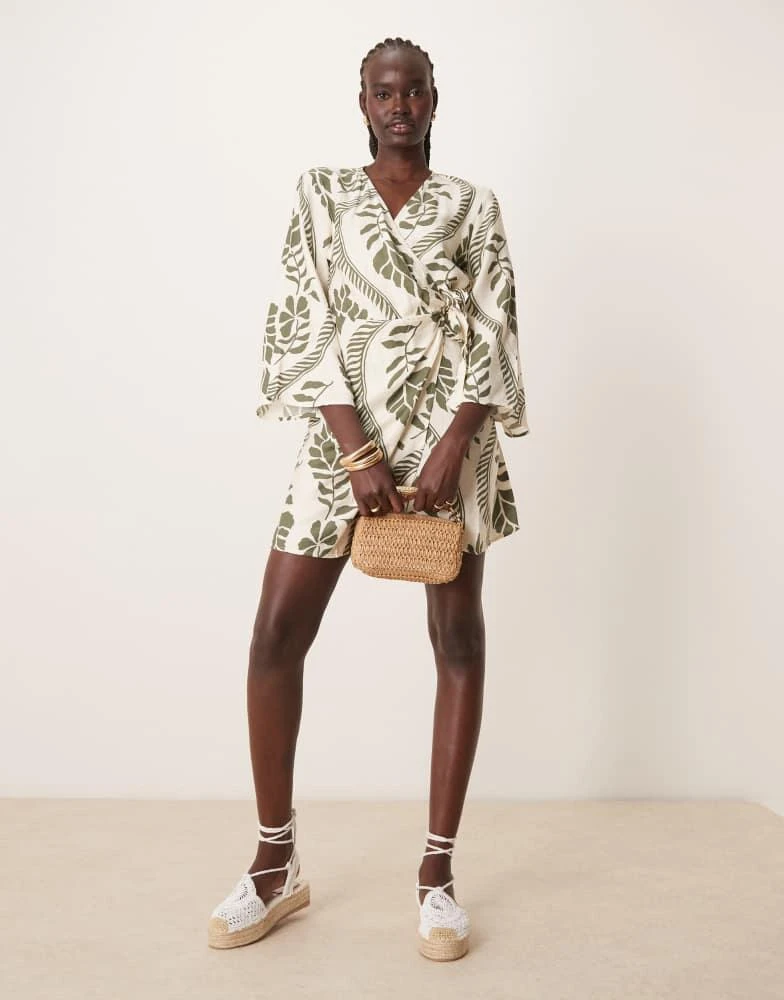JDY JDY wrap kimono dress beige with khaki palm print 2