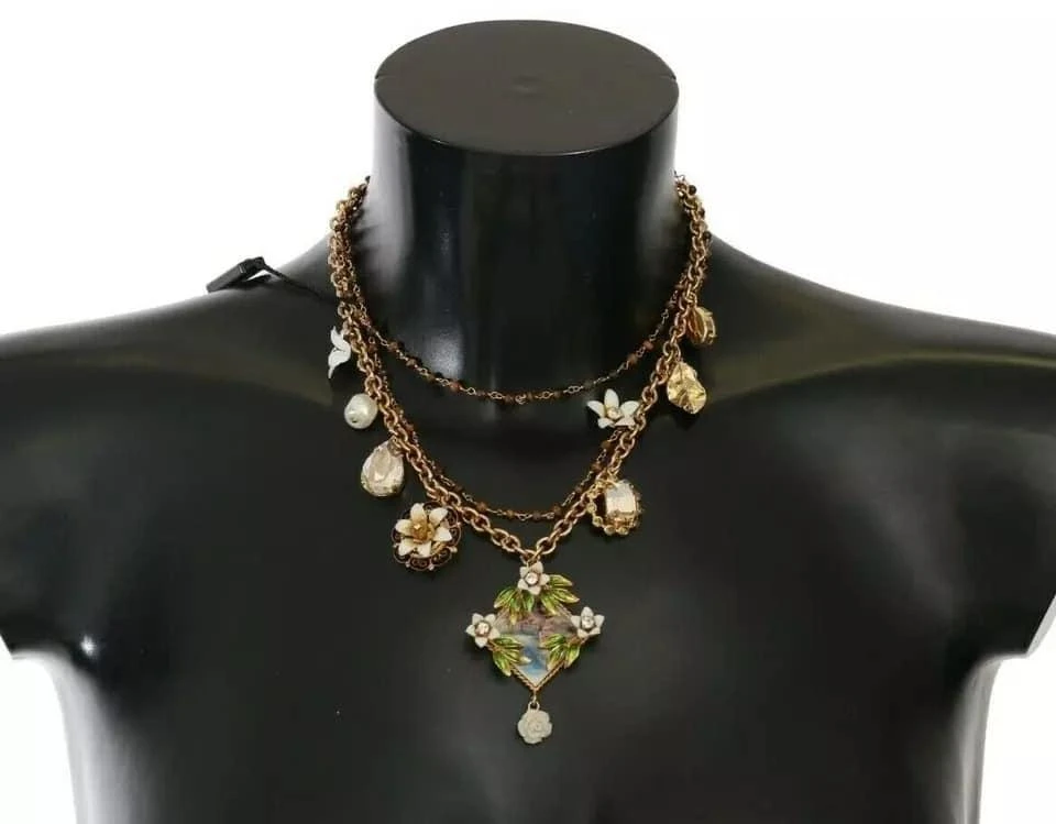 Dolce 
Gabbana Brass Crystal Floral Statement Charms Women
s Necklace