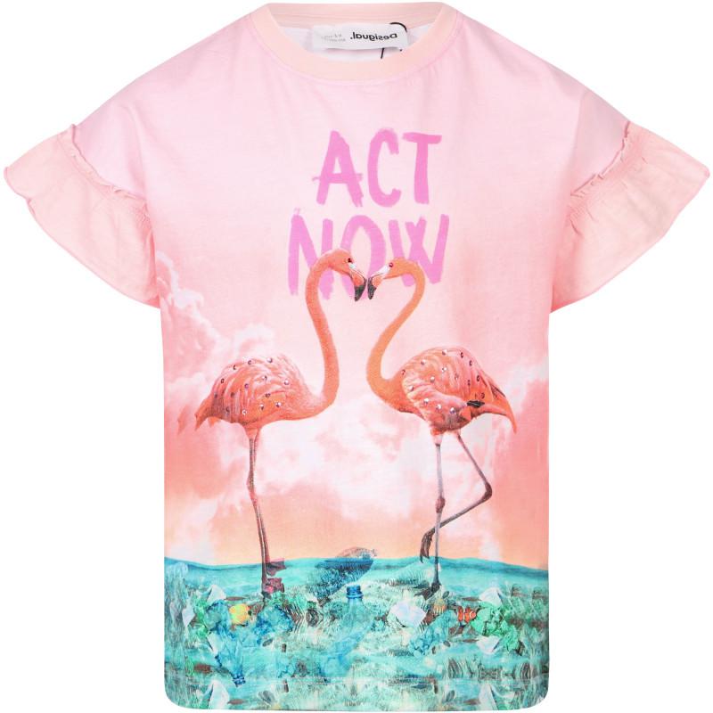 Desigual Act now flamingo t shirt in pink and green