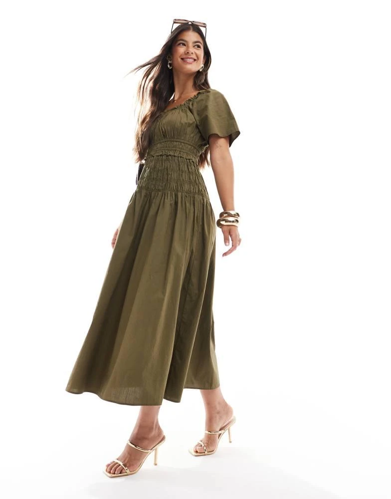 Nobody's Child Nobody's Child Cassandra shirred waist midaxi dress in green 1