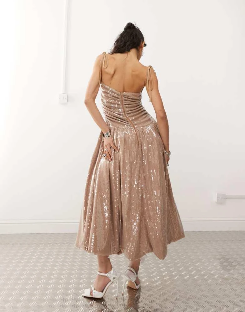 Amy Lynn Amy Lynn Alexa puffball sequin midi dress in light brown 4