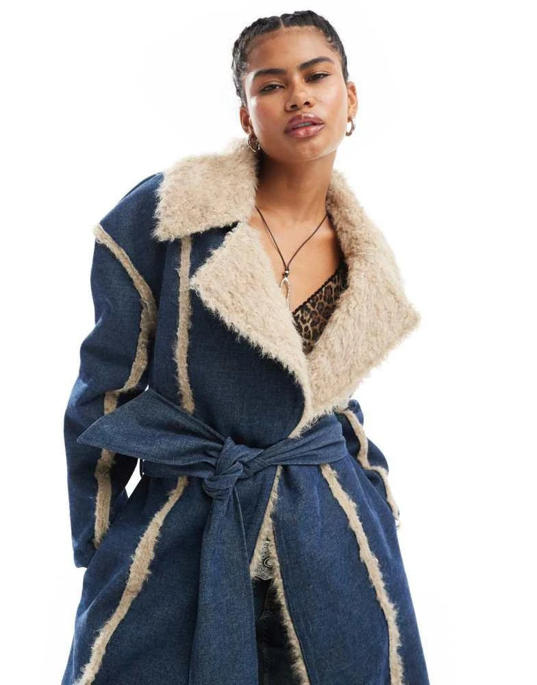 Daisy Street Daisy Street denim trench coat with frayed edges and faux fur trim 3