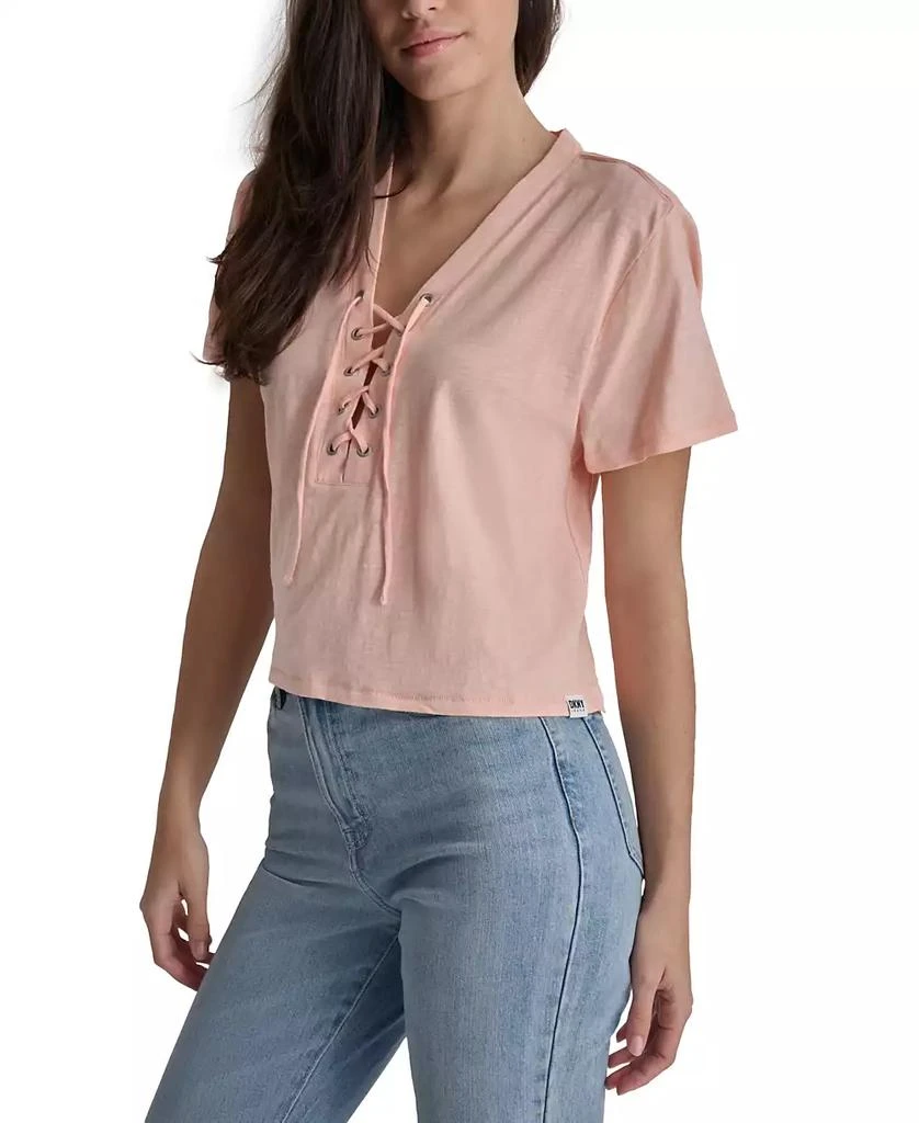 DKNY Women's Lace-Up V-Neck Short-Sleeve Tee 1
