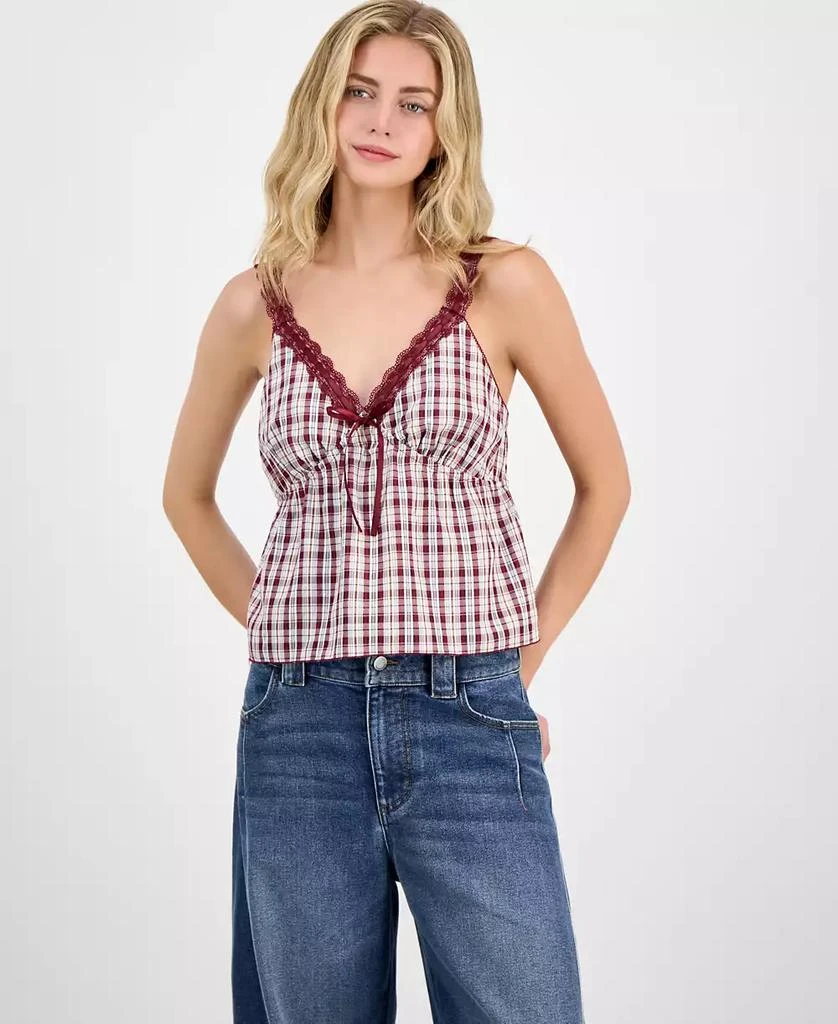 Madden Girl Juniors' Plaid Ribbon Babydoll Tank 1