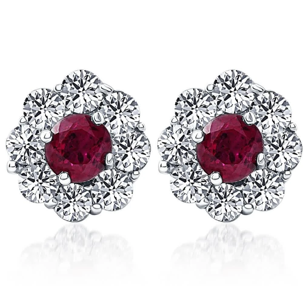 Pompeii3 2 1/2ct Genuine Ruby 
Diamond Halo Studs Earrings 14K White Gold