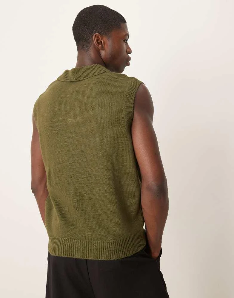 ASOS ASOS DESIGN relaxed boxy fit sleeveless knitted polo in khaki 4