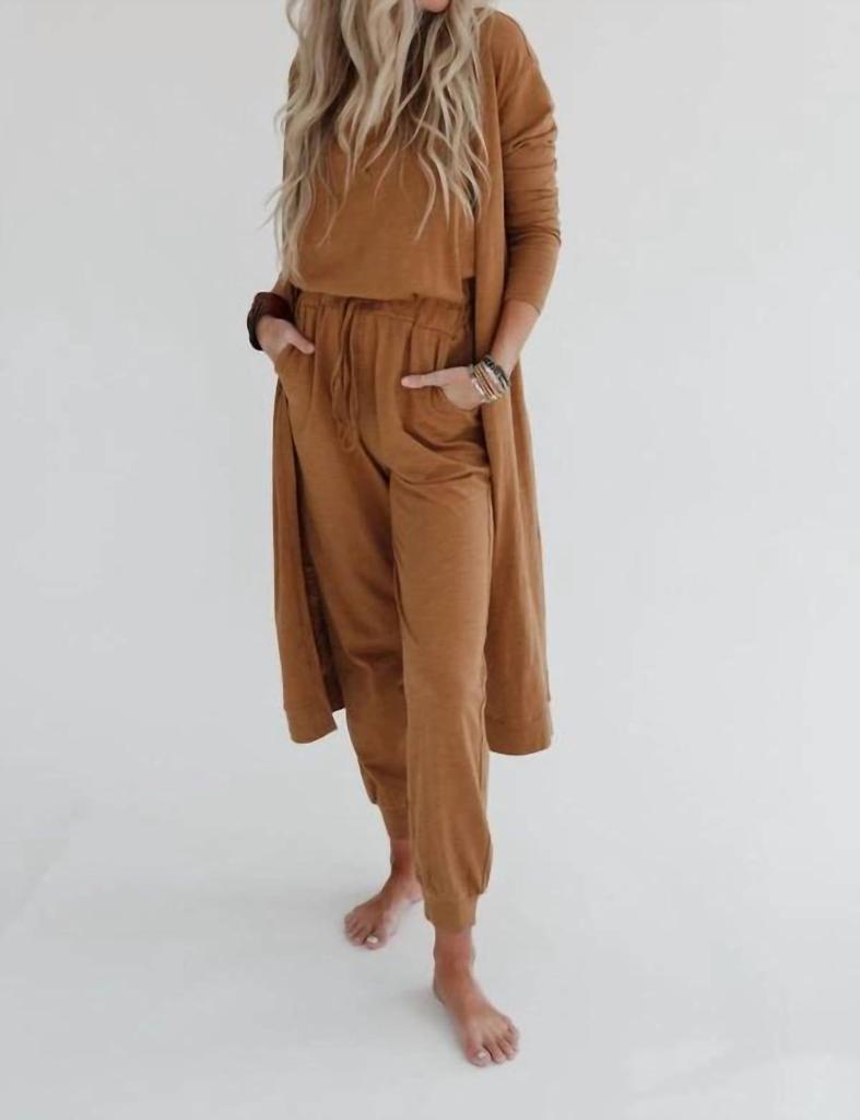 three bird nest Set To Go Textured Jumpsuit And Cardigan Set In Camel