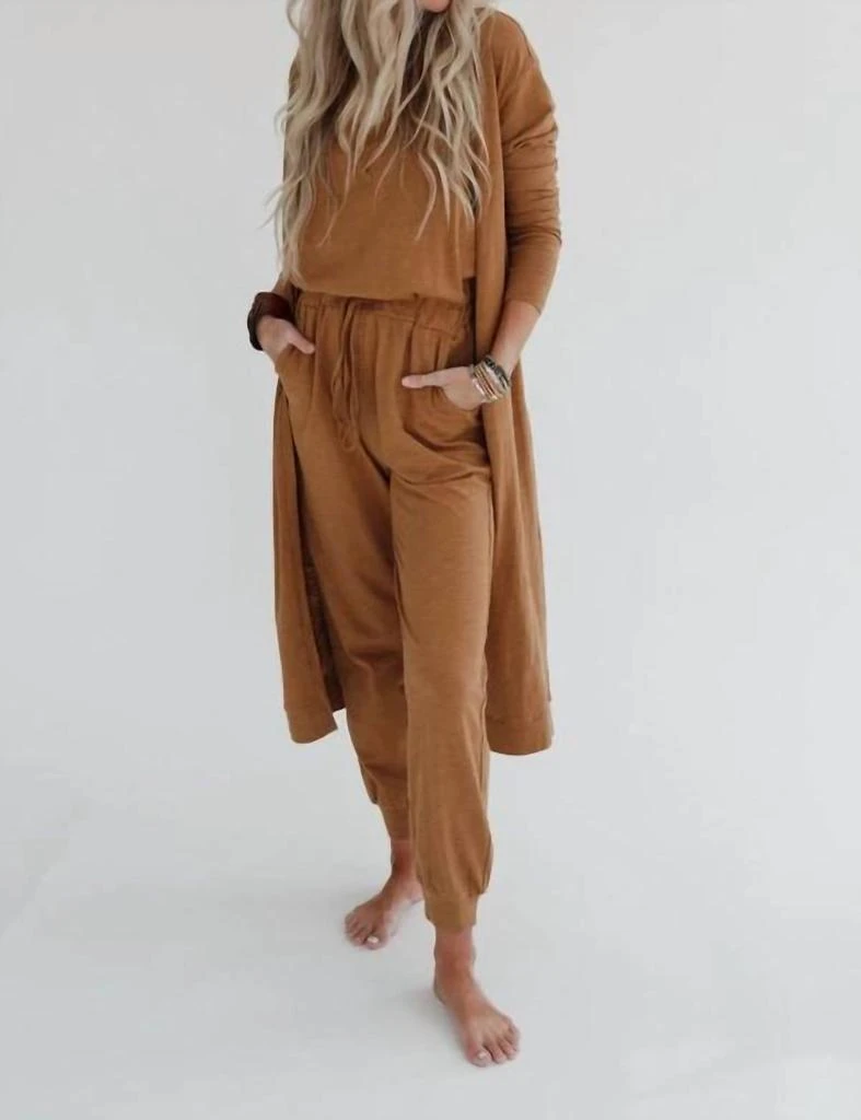 three bird nest Set To Go Textured Jumpsuit And Cardigan Set In Camel 1
