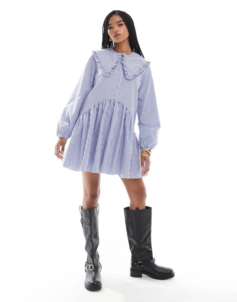 Miss Selfridge Miss Selfridge stripe oversized collar smock dress in blue stripe 1