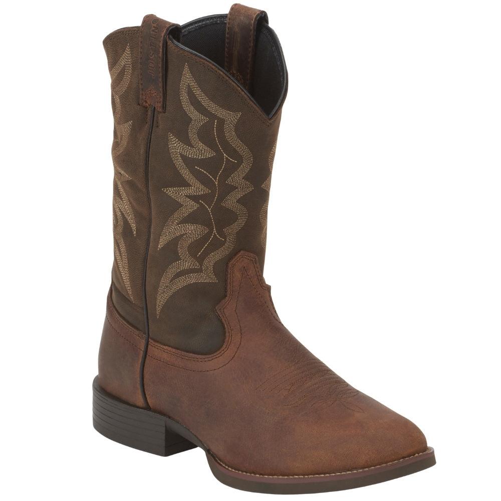 Justin Boots Buster Embroidered Distressed Round Toe Cowboy Boots