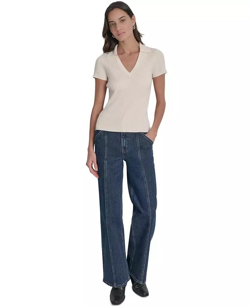 DKNY Womens Ribbed V-Neck Polo Sweater