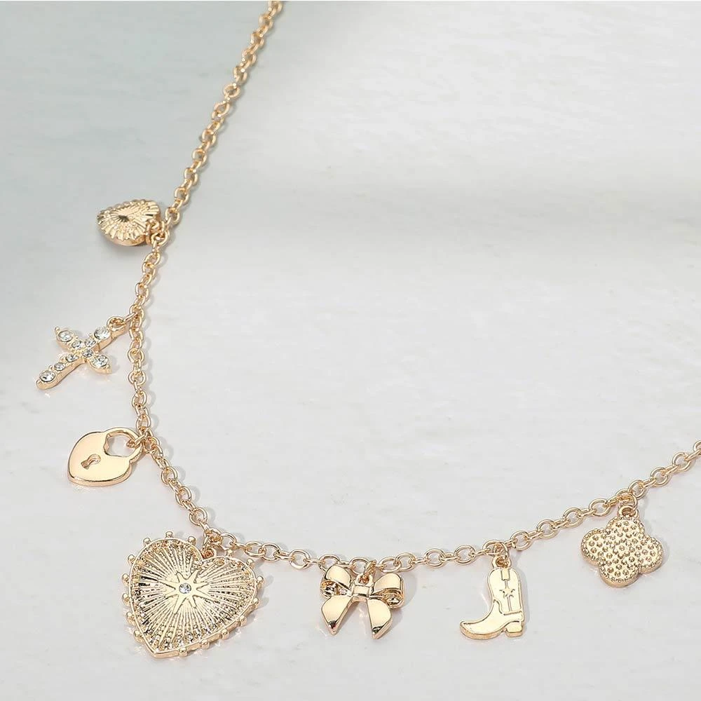 FASHNZFAB Stone Pave Textured Heart Cross Bow Western Boot Quatrefoil Charm Station Necklace