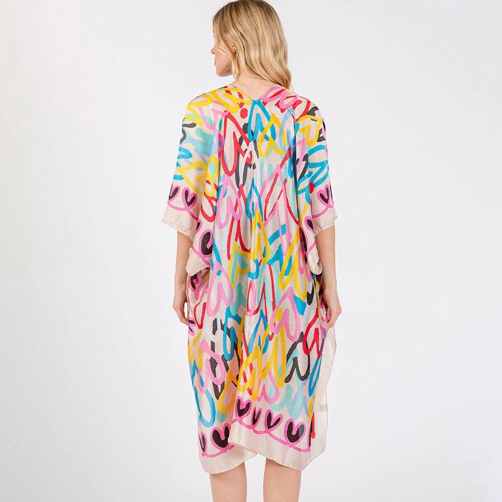 TRUEDAMES Multi Colored Heart Print Silky Feel Kimono Poncho 3