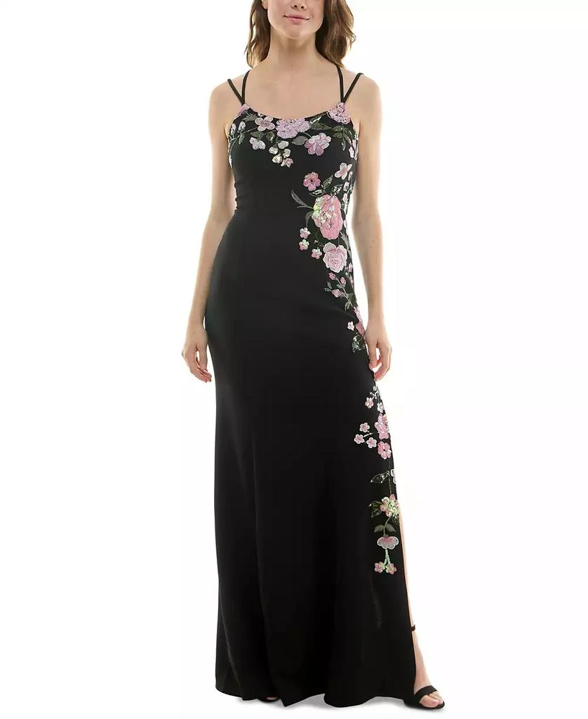 Speechless Juniors' Sequined Floral Lace-Up-Back Gown 1