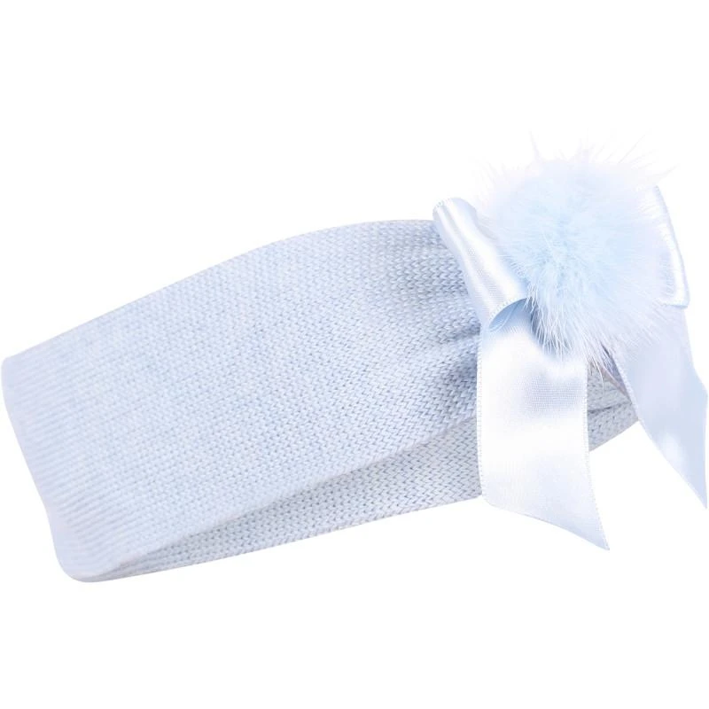 Story Loris Pom pom and bow woolen baby shoes and headband in light blue 2