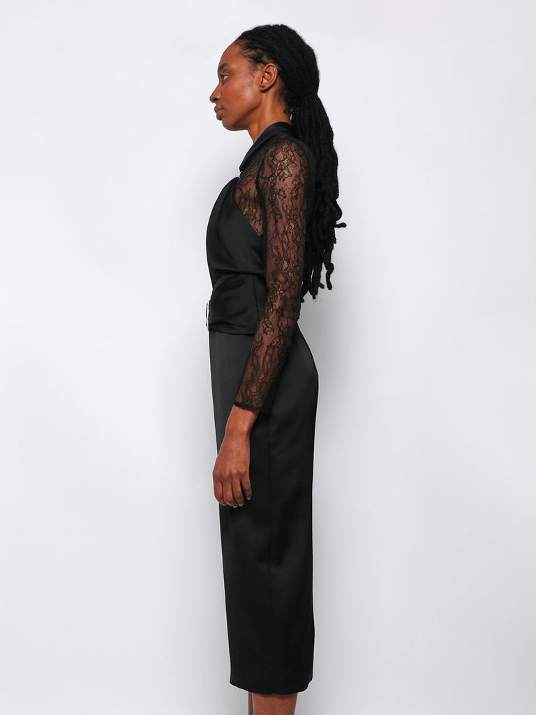 RASARIO Draped Satin Lace Midi Dress With Buckle And Ring