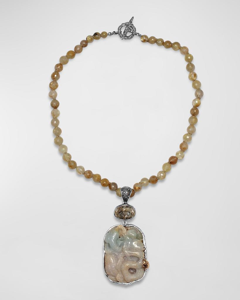 Stephen Dweck Vintage Hand Carved Jade Pendant on Quartz Bead Necklace