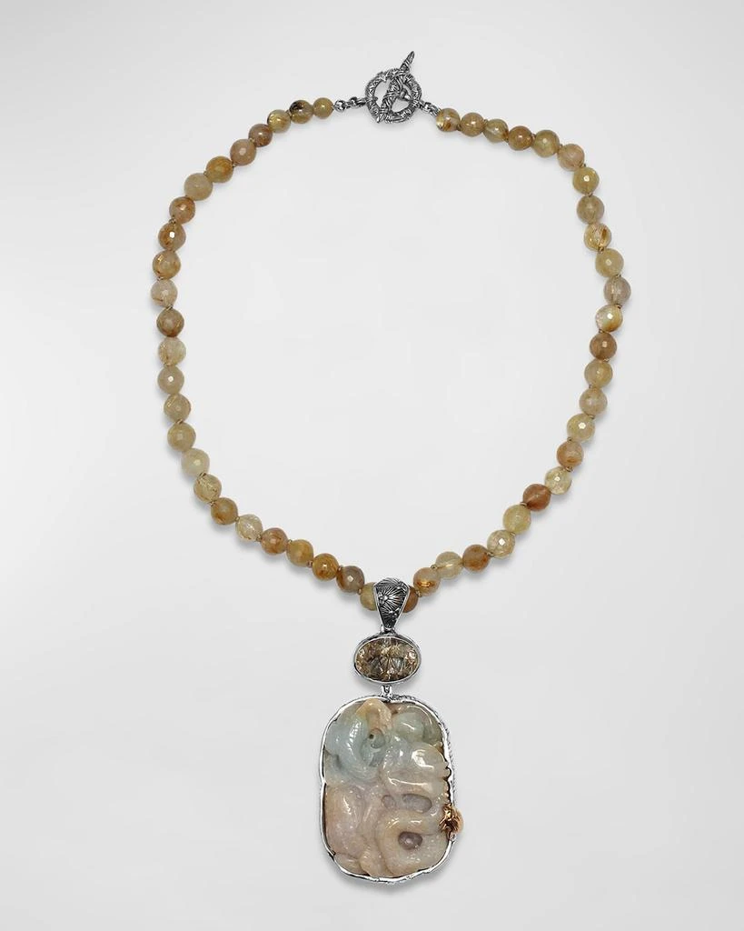 Stephen Dweck Vintage Hand Carved Jade Pendant on Quartz Bead Necklace 1