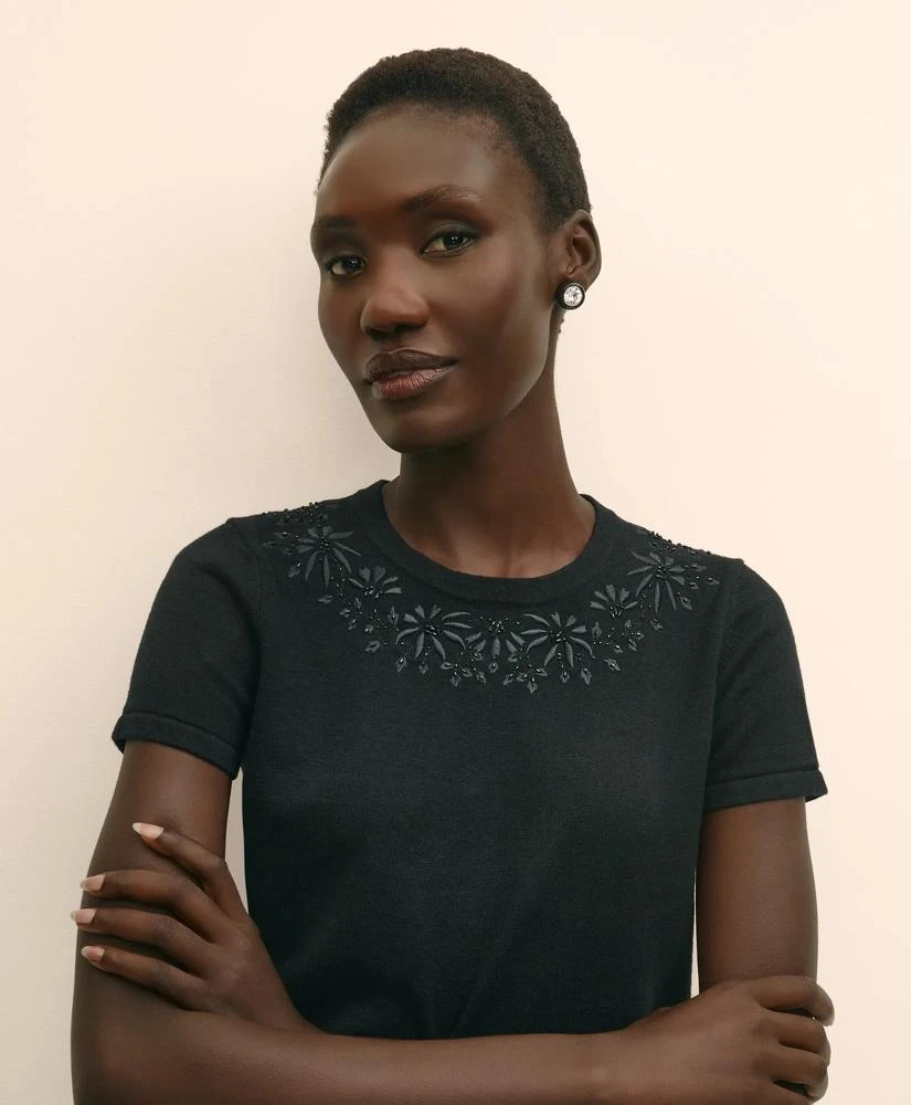 Brooks Brothers Merino-Wool-Cotton Blend Floral Embellished Short-Sleeve Sweater Shell