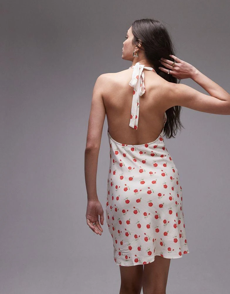 Topshop Topshop halterneck flippy mini dress in ivory rose print 2