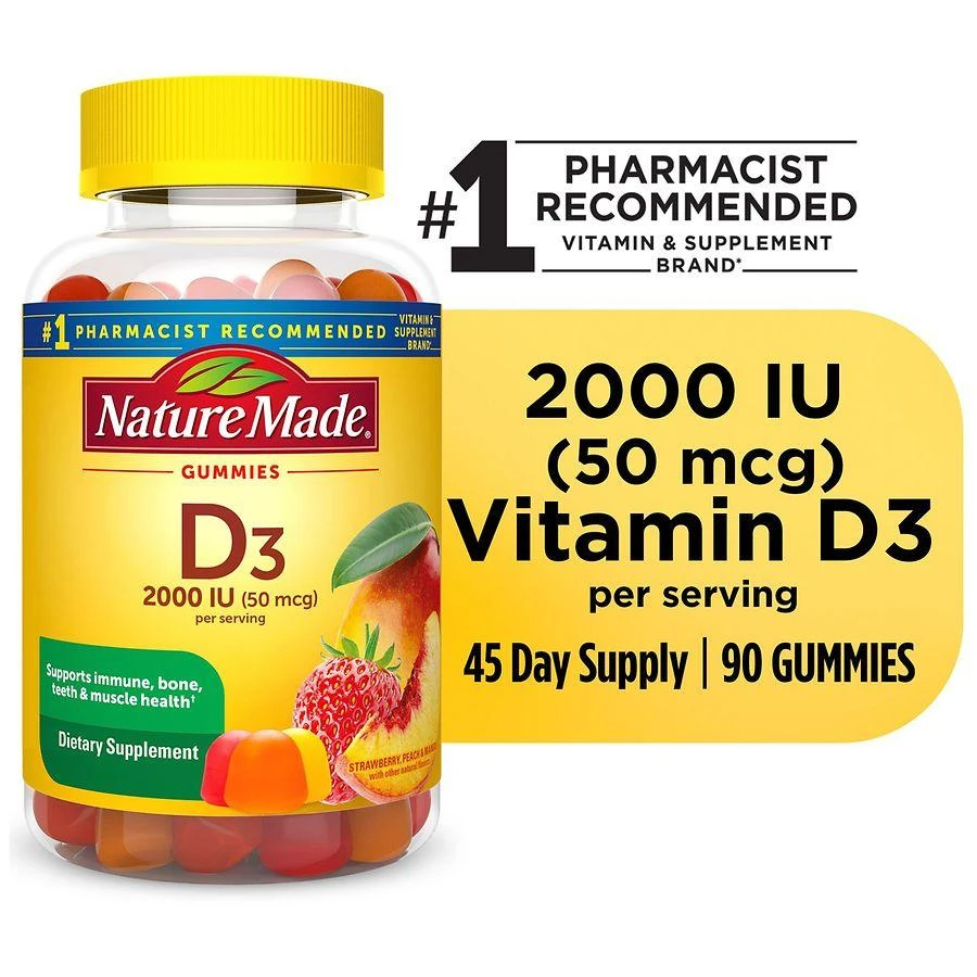 Nature Made Vitamin D3 2000 IU (50 mcg) Per Serving Gummies Strawberry, Peach 
Mango 8