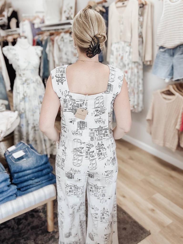 Blu Pepper Toile Print Crop Top Wide Leg Pant Linen Set In White